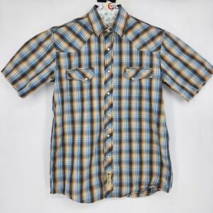 Larry Mahan Shirt Mens Medium Pearl Snap Western Button Up Pockets Plaid